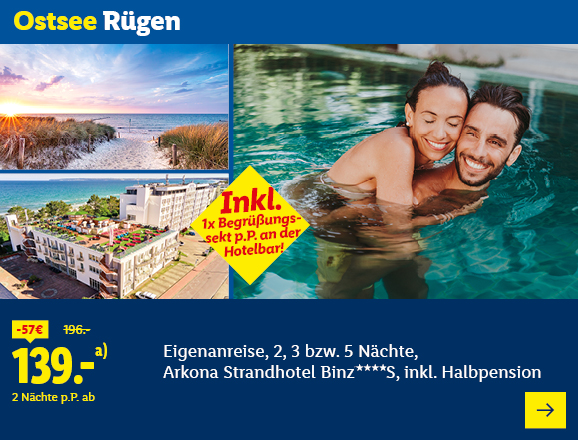 Ostsee Rügen. Angeboten wird eine Eigenanreise für 2, 3 bzw. 5 Nächte im Arkona Strandhotel Binz****S, inkl. Halbpension. Ab 139,- € pro Person für 2 Nächte (statt 196,- €, 57,- € gespart). Inkl. 1x Begrüßungssekt p.P. an der Hotelbar! Jetzt buchen.