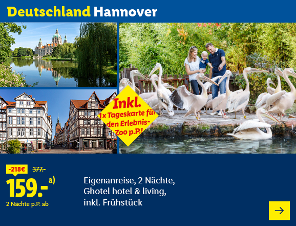 Deutschland Hannover. Angeboten wird eine Eigenanreise für 2 Nächte im Ghotel hotel & living, inkl. Frühstück. Ab 159,- € pro Person für 2 Nächte (statt 377,-€, 218,-€ Ersparnis). Inkl. 1 Tageskarte für den Erlebnis-Zoo p.P.! Jetzt buchen.