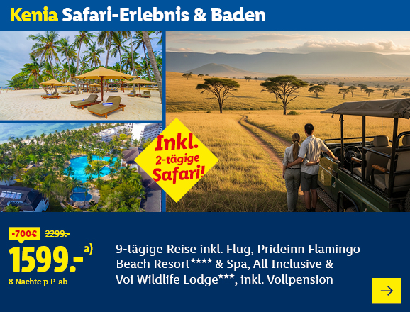 Kenia Safari-Erlebnis & Baden. Angeboten wird eine 9-tägige Reise inkl. Flug, Prideinn Flamingo Beach Resort**** & Spa, All Inclusive & Voi Wildlife Lodge***, inkl. Vollpension. Ab 1599,- € pro Person für 8 Nächte (statt 2299,- €, 700,- € gespart). Inkl. 2-tägige Safari! Jetzt buchen.