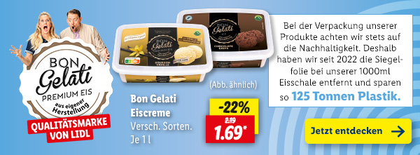 Qualitätsmarke von Lidl: Bon Gelati – Bei der Verpackung unserer Produkte achten wir stets auf die Nachhaltigkeit. Deshalb haben wir seit 2022 die Siegelfolie bei unserer 1000 ml Eisschale entfernt und sparen so 125 Tonnen Plastik.