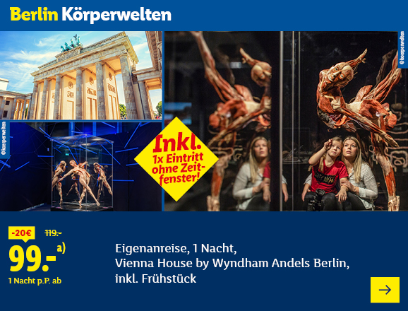 Berlin Körperwelten. Angeboten wird eine Eigenanreise für 1 Nacht im Vienna House by Wyndham Andels Berlin, inkl. Frühstück. Ab 99,- € pro Person für 1 Nacht (statt 119,- €, 20,- € gespart). Inkl. 1x Eintritt ohne Zeitfenster! Jetzt buchen.