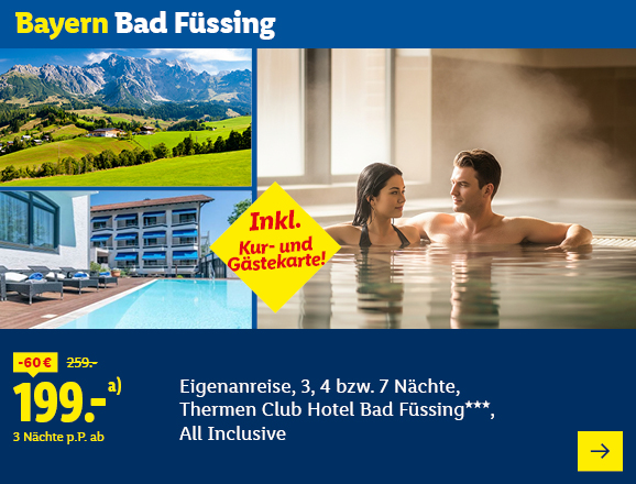 Bayern Bad Füssing. Angeboten wird eine Eigenanreise für 3, 4 bzw. 7 Nächte im Thermen Club Hotel Bad Füssing***, All Inclusive. Ab 199,- € pro Person für 3 Nächte (statt 259,- €, 60,- € gespart). Inkl. Kur- und Gästekarte! Jetzt buchen.