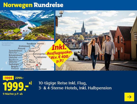Norwegen Rundreise. Angeboten wird eine 10-tägige Reise inkl. Flug, 3- & 4-Sterne-Hotels, inkl. Halbpension. Ab 1999,- € pro Person für 9 Nächte (statt 2299,- €, 300,- € gespart). Inkl. Ausflugspaket i.W.v. € 400,- p.P.! Jetzt buchen.