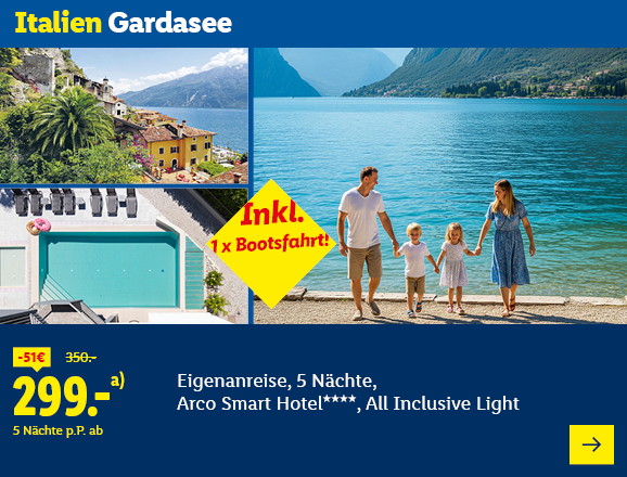 Italien Gardasee. Angeboten wird eine Eigenanreise für 5 Nächte im Arco Smart Hotel****, All Inclusive Light. Ab 299,- € pro Person für 5 Nächte (statt 350,- €, 51,- € gespart). Inkl. 1x Bootsfahrt! Jetzt buchen.