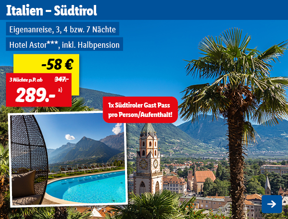 Urlaub in Südtirol, Italien. Angeboten wird eine Eigenanreise für 3, 4 oder 7 Nächte im Hotel Astor*** inklusive Halbpension. Der Preis beträgt ab 289,- € pro Person für 3 Nächte, statt 347,- €, wodurch 58,- € gespart werden. Zudem ist 1x Südtiroler Gast Pass pro Person/Aufenthalt enthalten. Jetzt buchen.