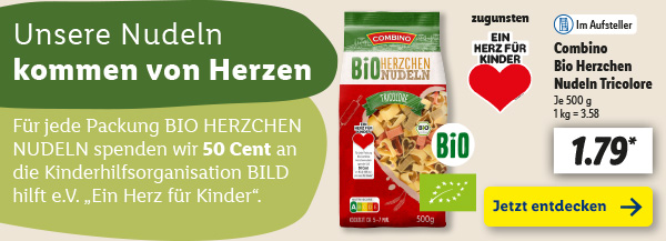 Unsere Nudeln kommen von Herzen – Für jede Packung BIO HERZCHEN NUDELN spenden wir 50 Cent an die Kinderhilfsorganisation BILD hilft e.V. „Ein Herz für Kinder“.
