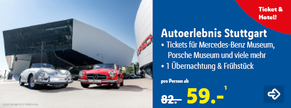 Ticket & Hotel: Autoerlebnis Stuttgart, p.P. ab 59€ anstatt 82€. Somit ergibt sich eine Ersparnis von 23€. Jetzt buchen