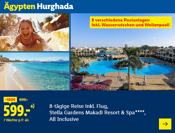 Ägypten Hurghada. 8 verschiedene Poolanlagen inkl. Wasserrutschen und Wellenpool! Angeboten wird eine 8-tägige Reise inkl. Flug ins Stella Gardens Makadi Resort & Spa****, All Inclusive. Ab 599,- € pro Person für 7 Nächte, Ersparnis 100 € gegenüber dem Originalpreis von 699,- €.. Jetzt buchen.