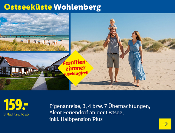 Ostseekueste Wohlenberg. Angeboten wird eine Eigenanreise für 3, 4 bzw. 7 Nächte im Alcor Feriendorf an der Ostsee, inkl. Halbpension Plus. Ab 159,- € pro Person für 3 Nächte. Nur 150 m zum Strand. Jetzt buchen.