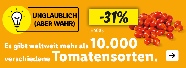 Es gibt weltweit mehr als 10.000 verschiedene Tomatensorten. – Jetzt beim Frischesieger: Dattelcherrytomaten – die 500 Gramm Packung – 31 % günstiger.