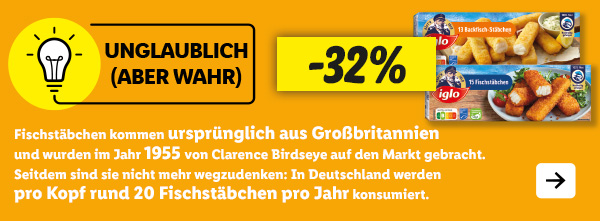 Unglaublich (aber wahr): Fischstäbchen kommen ursprünglich aus Großbritannien und wurden im Jahr 1955 von Clarence Birdseye auf den Markt gebracht. Seitdem sind sie nicht mehr wegzudenken: In Deutschland werden pro Kopf rund 20 Fischstäbchen pro Jahr konsumiert.