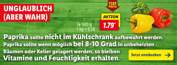 Unglaublich (aber wahr): Paprika sollte nicht im Kühlschrank aufbewahrt werden. Paprika sollte wenn möglich bei 8-10 Grad in unbeheizten Räumen oder Keller gelagert werden, so bleiben Vitamine und Feuchtigkeit erhalten.