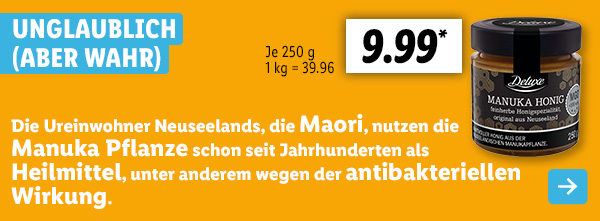 Unglaublich (aber wahr): Die Ureinwohner Neuseelands, die Maori, nutzen die Manuka Pflanze schon seit Jahrhunderten als Heilmittel, unter anderem wegen der antibakteriellen Wirkung. Deluxe Manuka Honig aus Neuseeland 9.99*