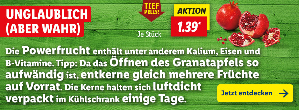 Unglaublich (aber wahr): Die Powerfrucht enthält unter anderem Kalium, Eisen und B-Vitamine. Tipp: Da das Öffnen des Granatapfels so aufwändig ist, entkerne gleich mehrere Früchte auf Vorrat. Die Kerne halten sich luftdicht verpackt im Kühlschrank einige Tage.