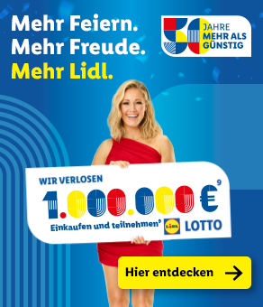 Mehr Feiern. Mehr Freude. Mehr Lidl. Wir verlosen 1.000.000⁹ – Einkaufen und teilnehmen⁹. Lidl Lotto